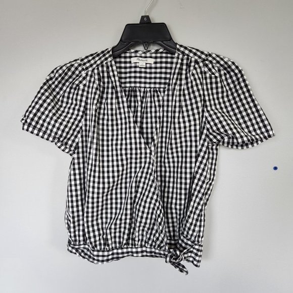 Madewell | Black and White Gingham Short Sleeve Wrap Top with Tie Waist, Size S - Picture 3 of 11